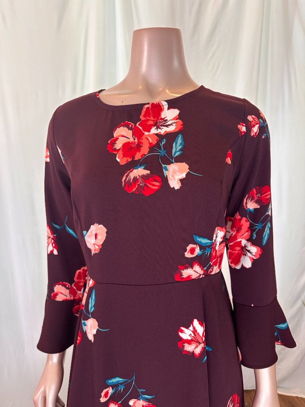 Old Navy Burgundy Floral Fit & Flare Bell Sleeve Dress | Small | A-1825 - Picture 10 of 16